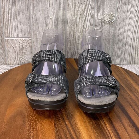 Dansko Women's EU 40 US 10 Leather Snake Print Wedge Open Toe Sandals Grey Black - Picture 2 of 12